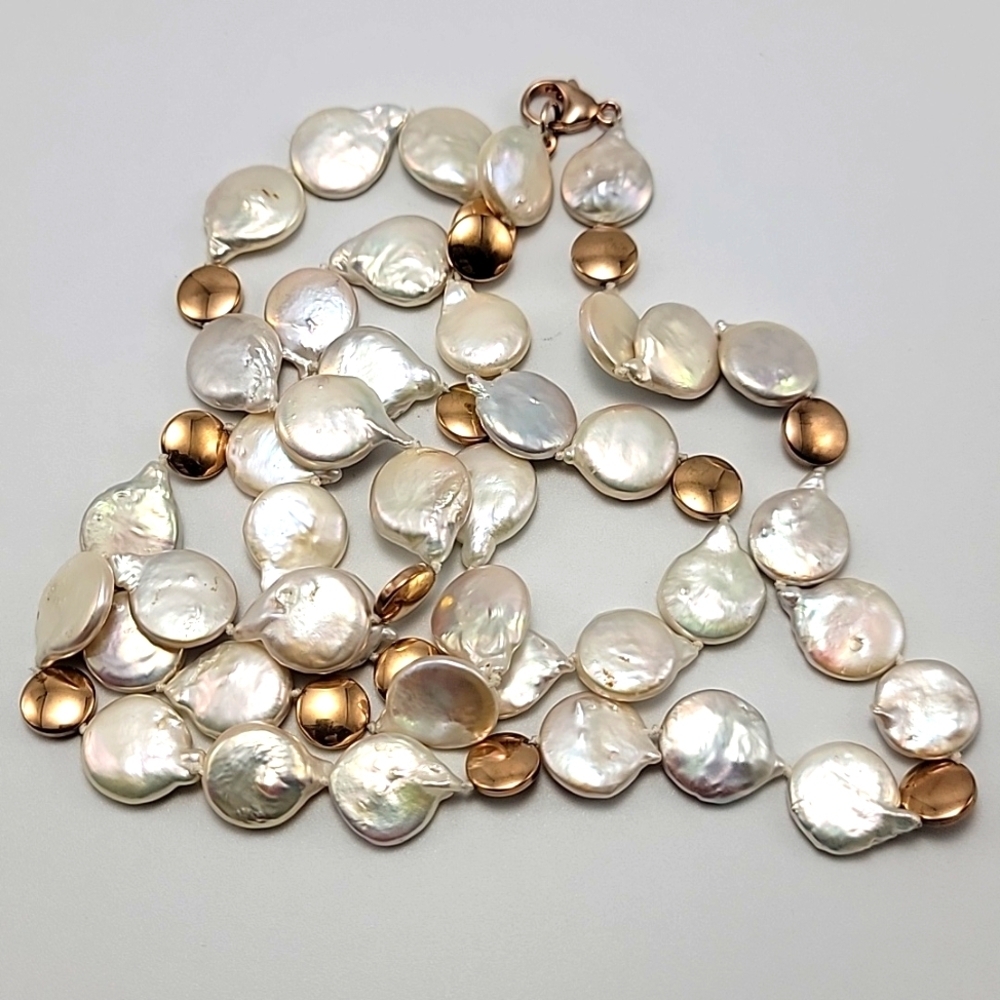 Lucas Lameth Fresh Water Coin Pearls 34" High Luster Gold  925 Sterling Necklace - Picture 6 of 9